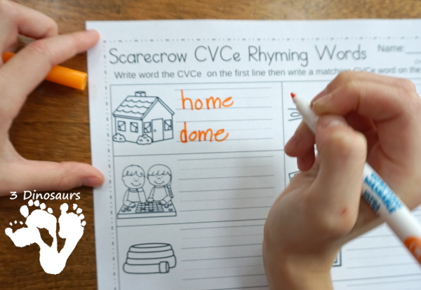 Free Scarecrow CVCe No-Prep Worksheet - 2 no-prep printable worksheets that working figuring out the CVCe word and then writing a rhyming word - 3Dinosaurs.com