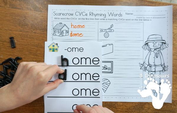 Free Scarecrow CVCe No-Prep Worksheet - 2 no-prep printable worksheets that working figuring out the CVCe word and then writing a rhyming word - 3Dinosaurs.com