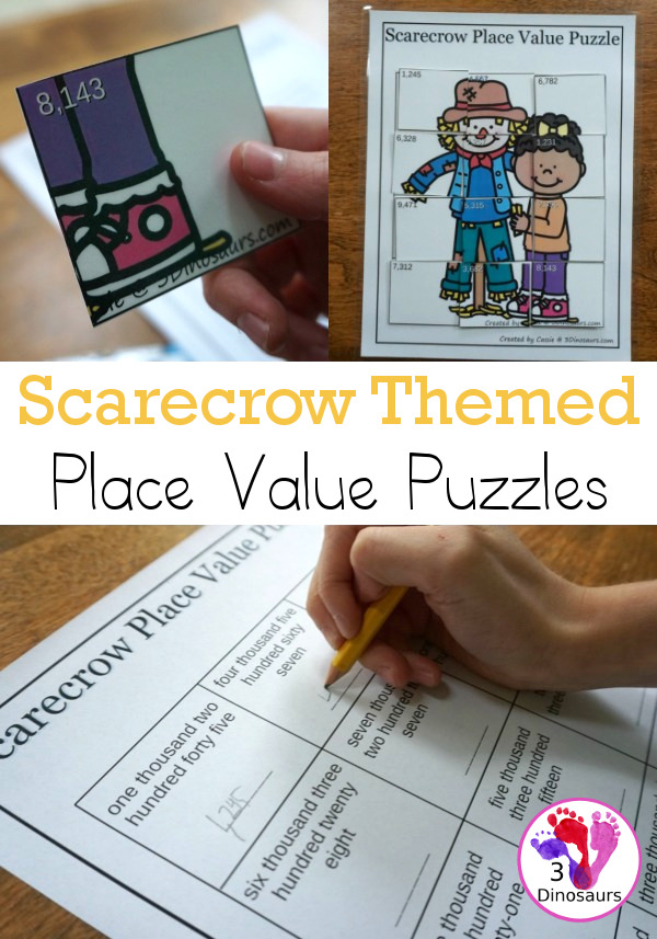 Free Scarecrow Place Value Puzzles - fun puzzles to work on place value with two options of tens and ones or thousand, hundreds, tens and ones with recording sheets, and puzzle mat - 3Dinosaurs.com
