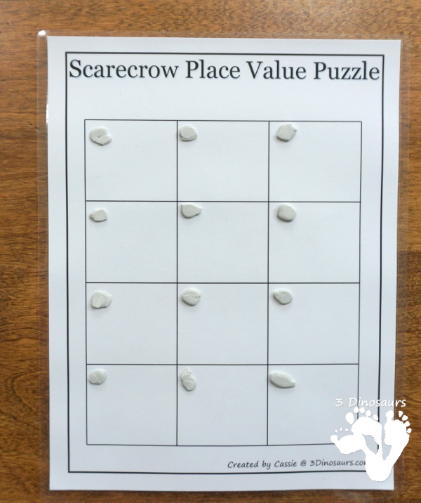 Free Scarecrow Place Value Puzzles - fun puzzles to work on place value with two options of tens and ones or thousand, hundreds, tens and ones with recording sheets, and puzzle mat - 3Dinosaurs.com