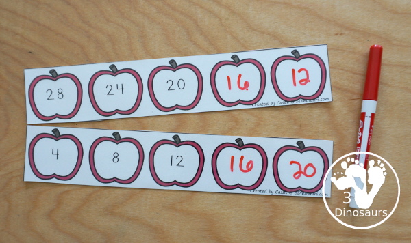 Free Fall Themed Skip Counting Strips: Apples & Pumpkins - two sets of skip counting strips for numbers 1 to 12 with two forward and two backward  - 3Dinosaurs.com