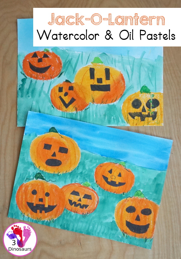 Jack-O-Lantern Patch Oil Pastel and Watercolor - a fun mixed art project for kids to do for Halloween! - 3Dinosaurs.com