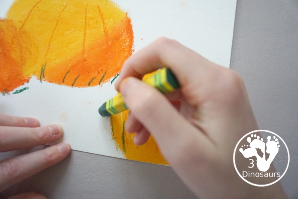 Jack-O-Lantern Patch Oil Pastel and Watercolor - a fun mixed art project for kids to do for Halloween! - 3Dinosaurs.com