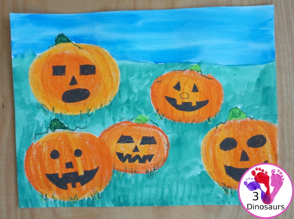 Jack-O-Lantern Patch Oil Pastel and Watercolor - a fun mixed art project for kids to do for Halloween! - 3Dinosaurs.com