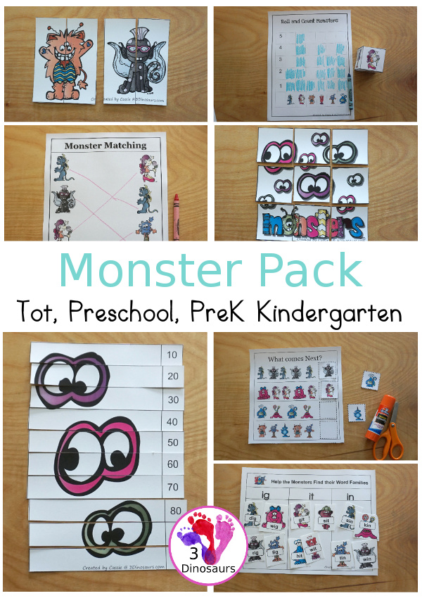 Free Monster Pack - fun monster printables that have preschool, tot, Prek, kindergarten age printables for kids to do with puzzles, matching, no-prep pages and more - 3Dinosaurs.com