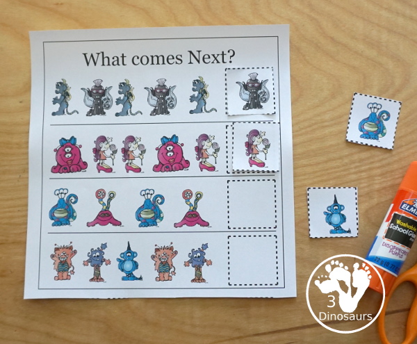 Free Monster Pack - fun monster printables that have preK to kindergarten age printables for kids to do with puzzles, matching, no-prep pages and more - 3Dinosaurs.com