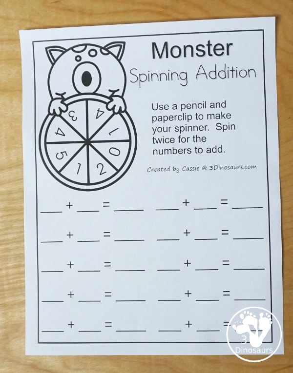 Free Monster Spinning Addition - Easy No-Prep Printable - 3 levels of addition with single digit, double digit and triple digit for kids to work on addition with and without regrouping - 3Dinosaurs.com