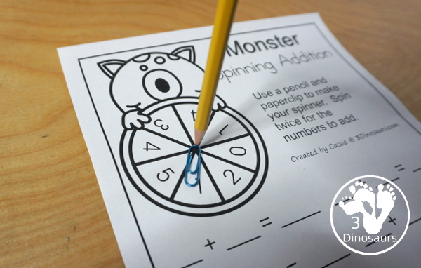 Free Monster Spinning Addition - Easy No-Prep Printable - 3 levels of addition with single digit, double digit and triple digit for kids to work on addition with and without regrouping - 3Dinosaurs.com