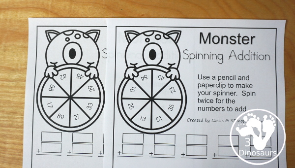 Free Monster Spinning Addition - Easy No-Prep Printable - 3 levels of addition with single digit, double digit and triple digit for kids to work on addition with and without regrouping - 3Dinosaurs.com