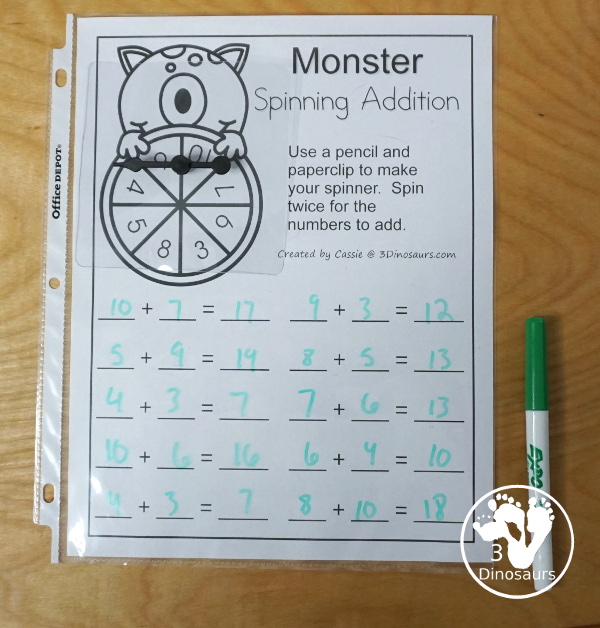 Free Monster Spinning Addition - Easy No-Prep Printable - 3 levels of addition with single digit, double digit and triple digit for kids to work on addition with and without regrouping - 3Dinosaurs.com