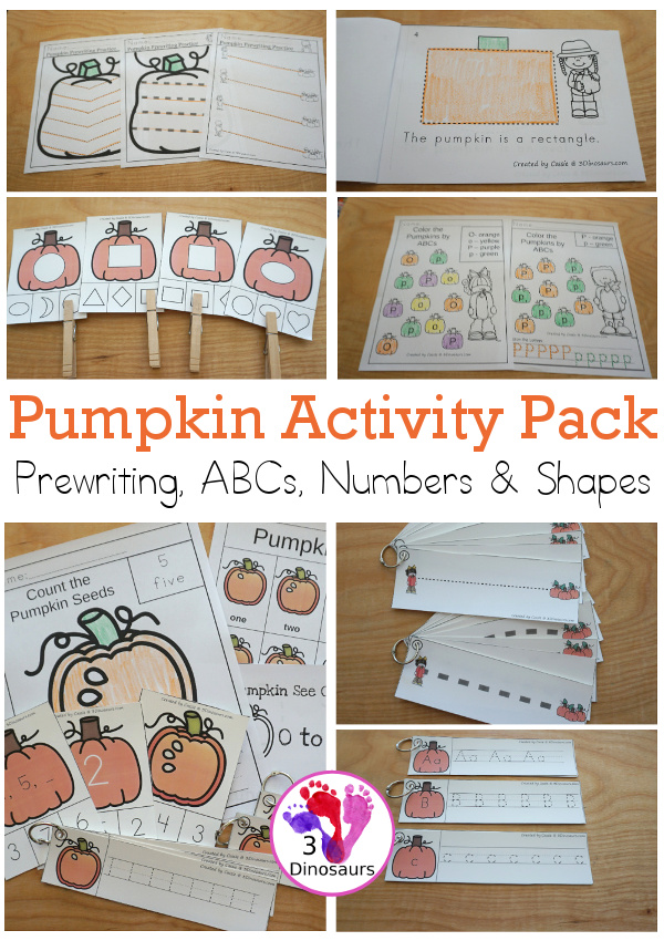 Pumpkin Activities Pack:  Prewriting Shapes, ABCs & Numbers with no-prep pages, easy reader books, clip cards and tracing strips.- 3Dinosaurs.com