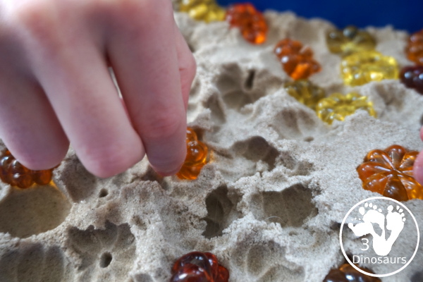 Pumpkin & Kinetic Sand Sensory Bin - a simple and easy fall sensory bin with pumpkins and kinetic sand for kids to play in. - 3Dinosaurs.com