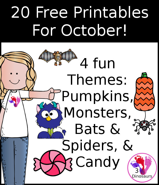 20 Fun Free Printables for October - you have 5 pumpkin printables, 5 monster printables, 5 bat & spider printables, and 5 candy printables for learning during October! - 3Dinosaurs.com