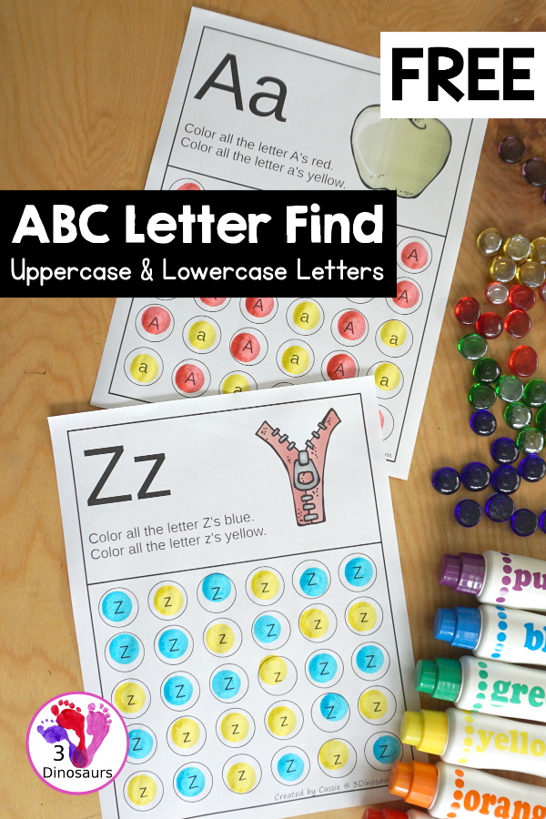 Free ABC Letter Find Uppercase & Lowercase Printable - a letter find worksheet that works on find the same letter with uppercases letter and lowercase letters together- 3Dinosaurs.com