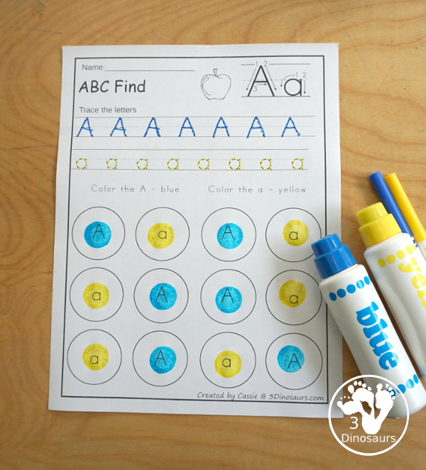 ABC Letter Find Uppercase & Lowercase  With Tracing Printable - a letter find worksheet that works on find the same letter with uppercases letter and lowercase letters together with tracing for the leetters- 3Dinosaurs.com