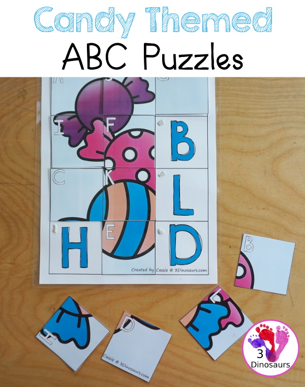 Free Candy Themed ABC Puzzles - fun letter matching puzzles for kids to match and build candy themed puzzles with letters. You will find three puzzles. - 3Dinosaurs.com