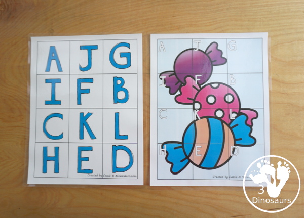 Free Candy Themed ABC Puzzles - fun letter matching puzzles for kids to match and build candy themed puzzles with letters. You will find three puzzles. - 3Dinosaurs.com