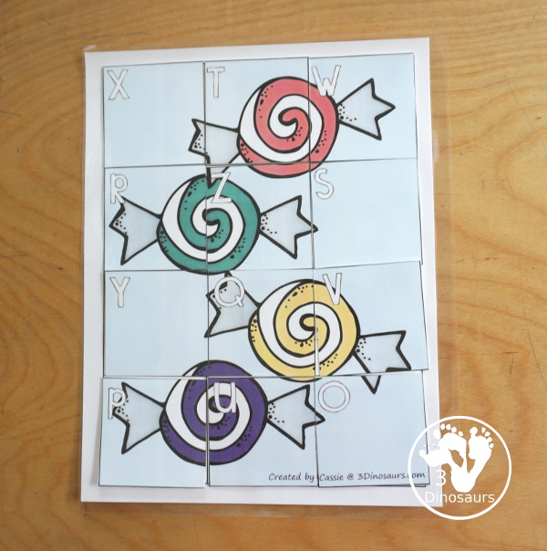Free Candy Themed ABC Puzzles - fun letter matching puzzles for kids to match and build candy themed puzzles with letters. You will find three puzzles. - 3Dinosaurs.com