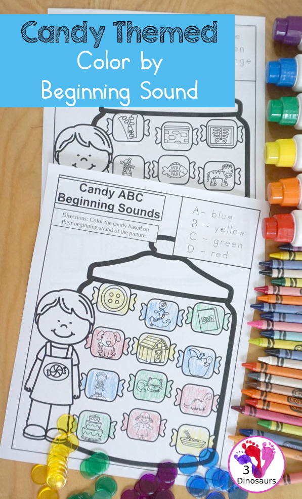 Free Candy Jar Color By Beginning Sound - 7 pages of printables with 4 letter sounds on each page for kids to find. A great no-prep beginning sounds worksheets - 3Dinosaurs.com