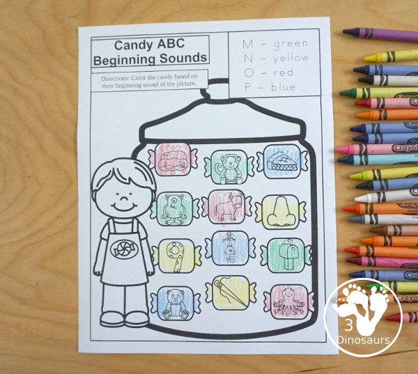 Free Candy Jar Color By Beginning Sound - 7 pages of printables with 4 letter sounds on each page for kids to find. A great no-prep beginning sounds worksheets - 3Dinosaurs.com
