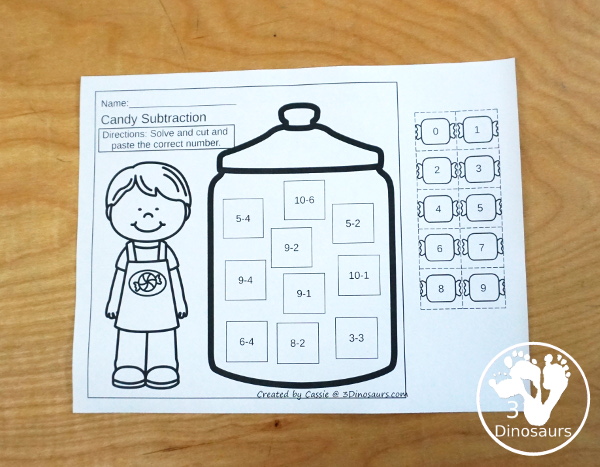 Free Candy Subtraction Cut & Paste Worksheet - 2 cut and paste worksheets for kids to work on subtraction from 1 to 10 and subtraction from 1-15 with 10 equations each - 3Dinosaurs.com