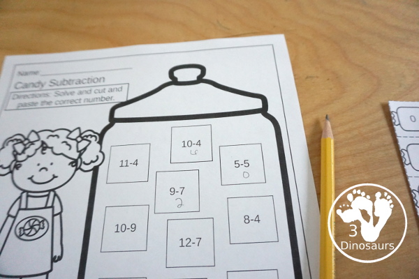 Free Candy Subtraction Cut & Paste Worksheet - 2 cut and paste worksheets for kids to work on subtraction from 1 to 10 and subtraction from 1-15 with 10 equations each - 3Dinosaurs.com