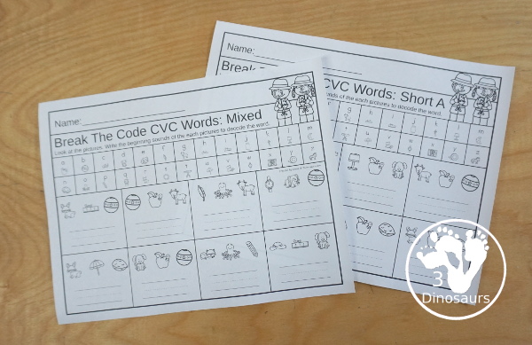 CVC Word: Break the Code - - a mix of CVC printables that words on learning letter sounds for each letter and writing words from the letter sounds. A great decoding or break the code activity for kids to do- 3Dinosaurs.com