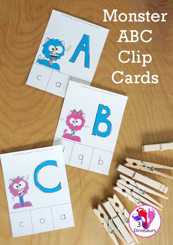 Free Monster ABC Clip Cards - with matching uppercase letter with lowercase letter in a fun letter monster activity for kids - 3Dinosaurs.com