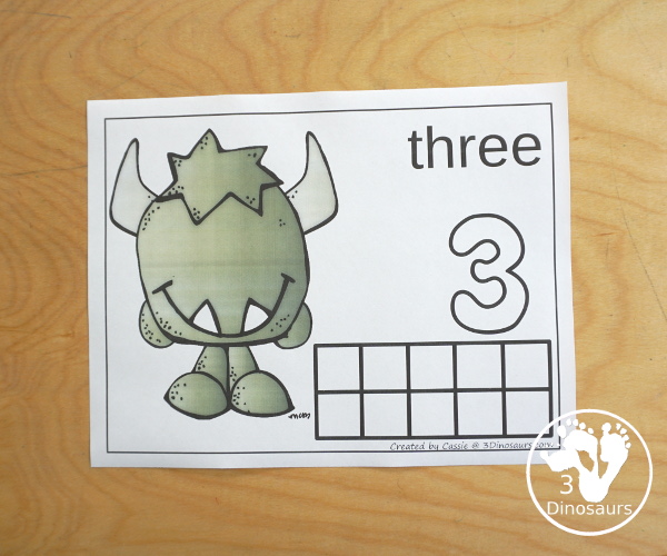 Free Monster Count Mats from 1 to 10 - Easy to use monster counting mats with numbers 1 to 10 with playdough number, counting area and ten frames - 3Dinosaurs.com