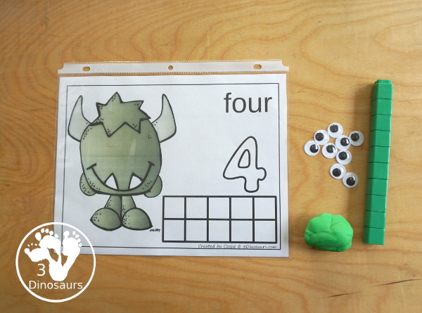 Free Monster Count Mats from 1 to 10 - Easy to use monster counting mats with numbers 1 to 10 with playdough number, counting area and ten frames - 3Dinosaurs.com