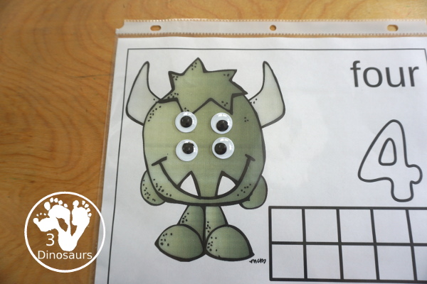 Free Monster Count Mats from 1 to 10 - Easy to use monster counting mats with numbers 1 to 10 with playdough number, counting area and ten frames - 3Dinosaurs.com