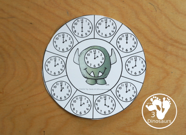 Free Monster Time Clip Cards - with 12 hourly clocks for kids to work on telling time- with matching the same time on the monster - 3Dinosaurs.com