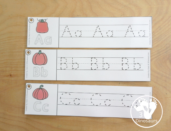 Free Pumpkin Theme ABC Tracing Strips - with uppercase and lowercase alphabet letters together - 3Dinosaurs.com