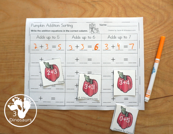 Free Pumpkin Addition Sorting - You have three numbers to sort pumpkins to with addition for 5, 6, and 7. - 3Dinosaurs.com