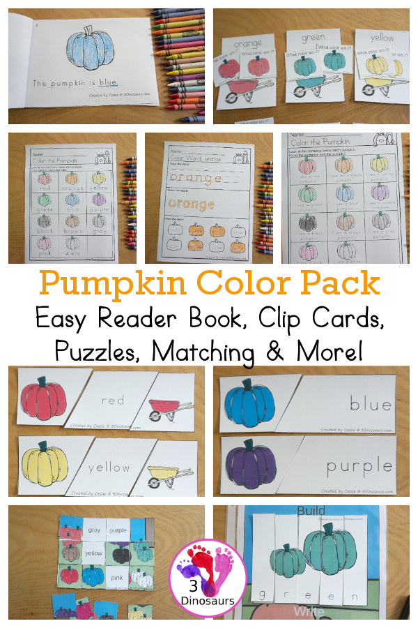Pumpkin Color Pack - with pumpkin color puzzles, pumpkin tracing color words, pumpkin color word finds, pumpkin clip cards, pumpkin easy reader books and more  - 3Dinosaurs.com