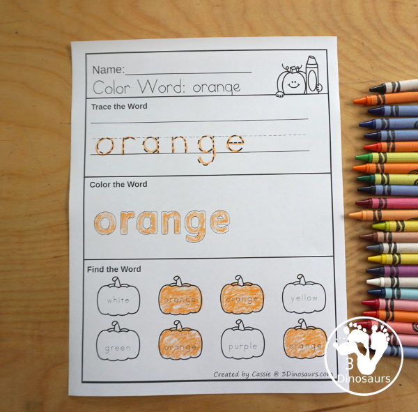 Pumpkin Color Pack - with pumpkin color puzzles, pumpkin tracing color words, pumpkin color word finds, pumpkin clip cards, pumpkin easy reader books and more  - 3Dinosaurs.com