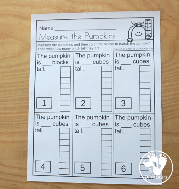 Free Measure the Pumpkin Printable - with 6 fun pumpkins to measure and recording sheet - 3Dinosaurs.com