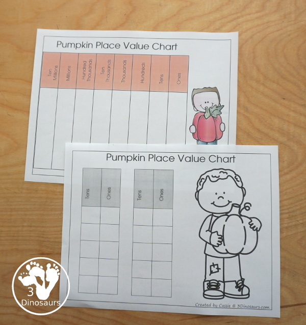 Free Pumpkin Spin & Write Place Value - You have 5 different spinners and 4 recording mats in color and black and white with place value from ones to Ones, Tens, Hundreds, Thousands, Ten Thousand, Hundred Thousands, Million, & Ten Million  - 3Dinosaurs.com