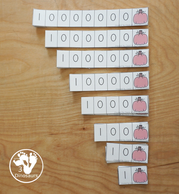 Free Pumpkin Spin & Write Place Value - You have 5 different spinners and 4 recording mats in color and black and white with place value from ones to Ones, Tens, Hundreds, Thousands, Ten Thousand, Hundred Thousands, Million, & Ten Million  - 3Dinosaurs.com