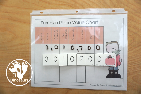 Free Pumpkin Spin & Write Place Value - You have 5 different spinners and 4 recording mats in color and black and white with place value from ones to Ones, Tens, Hundreds, Thousands, Ten Thousand, Hundred Thousands, Million, & Ten Million  - 3Dinosaurs.com