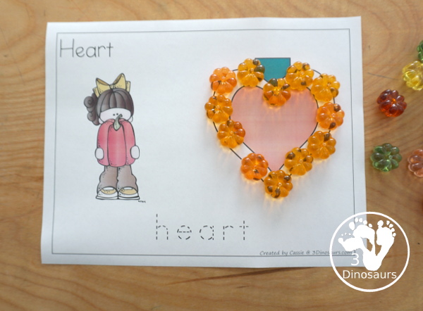 Free Pumpkin Shape Playdough Mats - 12 shapes for kids to make the playdough shape and then trace the shape word - 3Dinosaurs.com