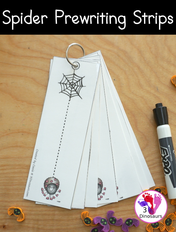 Free Spider Prewriting Tracing Strips - Easy Fine Motor Printable - 8 prewriting strips for kids to trace and work on fine motor skills - 3Dinosaurs.com