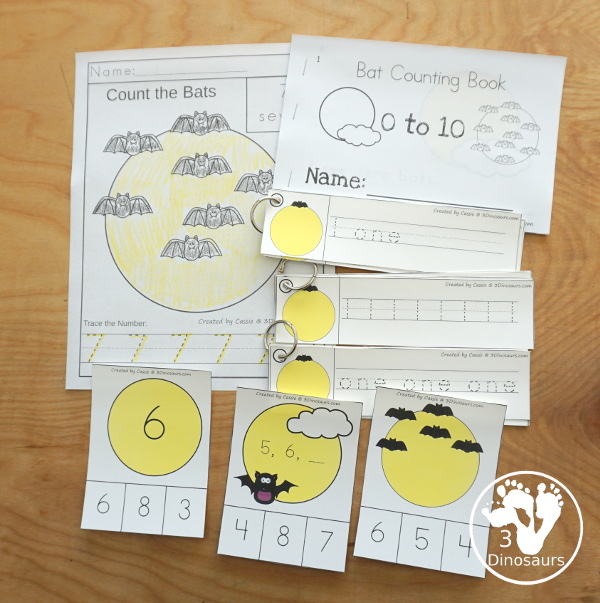 Bat Activity Pack: Prewriting, Shapes, ABCs & Numbers - with a mix of easy reader books, clip cards, no-prep worksheets and tracing strips all with the bat and spider theme - 3Dinosaurs.com
