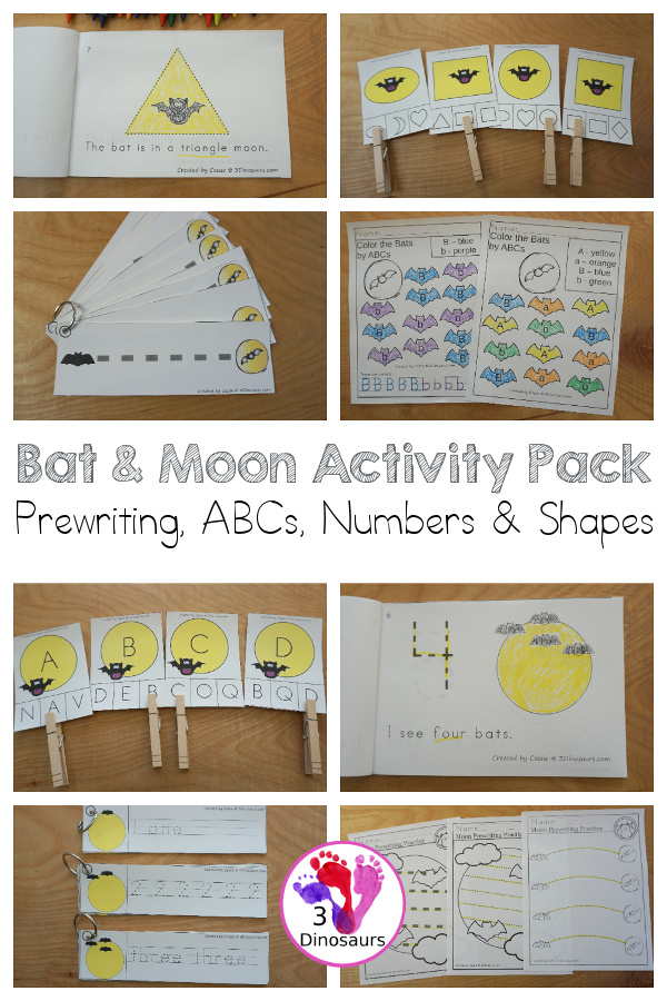 Bat Activity Pack: Prewriting, Shapes, ABCs & Numbers - with a mix of easy reader books, clip cards, no-prep worksheets and tracing strips all with the bat and spider theme - 3Dinosaurs.com