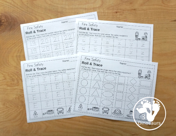 Fire Safety Graphing Set - with graphing, tracing numbers, tracing letters, tracing shapes for kids with a fire safety theme with 45 pages of printable worksheets and dice - 3Dinosaurs.com