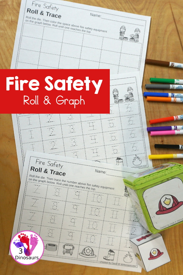  Free Fire Safety Roll & Graph Printable dice and graphing worksheets with coloring graphing and graphing with tracing numbers 1 to 6 and 7 to 12.- 3Dinosaurs.com