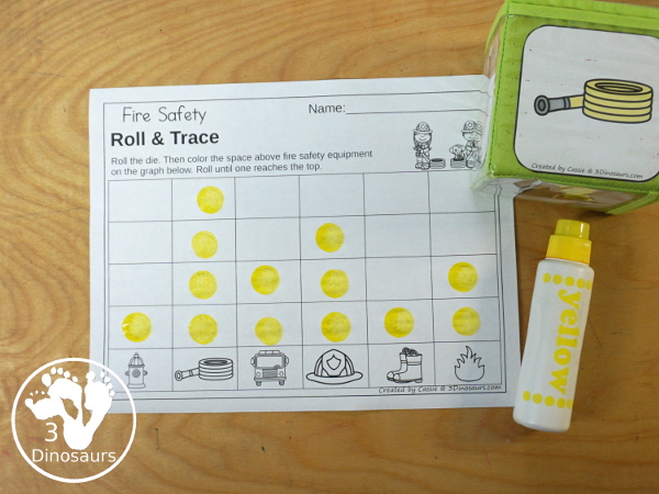  Free Fire Safety Roll & Graph Printable dice and graphing worksheets with coloring graphing and graphing with tracing numbers 1 to 6 and 7 to 12.- 3Dinosaurs.com