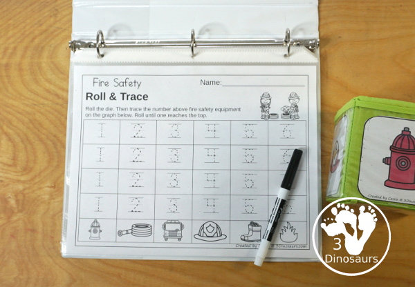  Free Fire Safety Roll & Graph Printable dice and graphing worksheets with coloring graphing and graphing with tracing numbers 1 to 6 and 7 to 12.- 3Dinosaurs.com