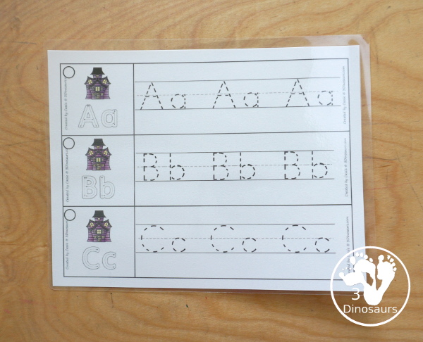 Free Halloween ABC Tracing Strips - with uppercase and lowercase together. You have fun kids with a haunted house, plus you can see an example of how to trace the letters - 3Dinosaurs.com