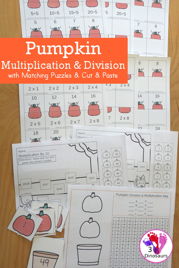 Pumpkin Multiplication & Division Cut & Paste and Matching with cut and paste worksheets for division and multiplication with numbers 1 to 12 and match puzzles and matching mats for division and multiplication - 3Dinosaurs.com